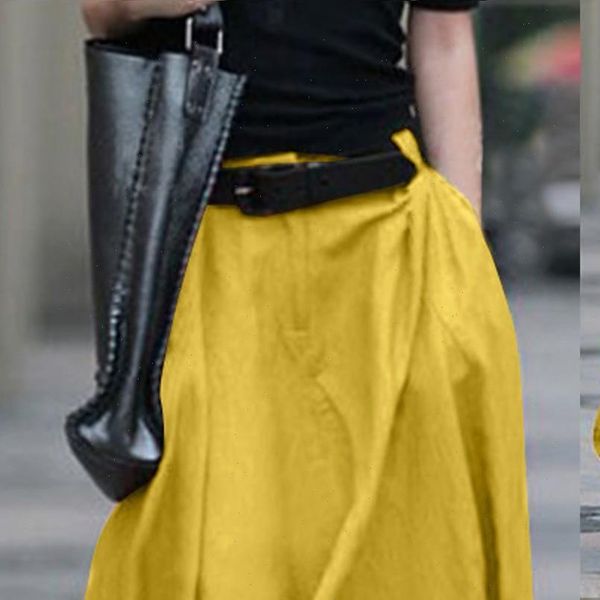 

long fashion casual loose womens skirt solid elastic band zipper pocket, Black