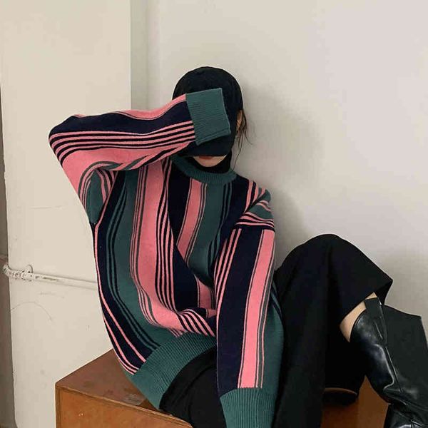 

women's sweaters irmÃ£ fara inverno o-pescoÃ§o listrado camisola feminina tricÃ´ manga longa quente engrossar malha casaco feminino s, White;black