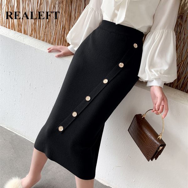 

winter wrap knitted skirts high waist multi color buttton decoration elegant sheath pencil female 210428, Black