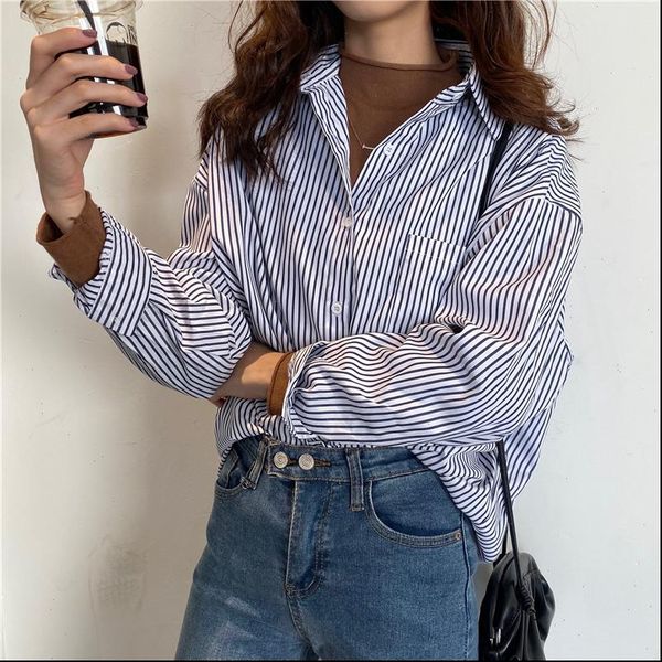 

womens shirts women striped shirt long sleeve spring summer fashion vintage casual loose female streetwear blouse oversize, White