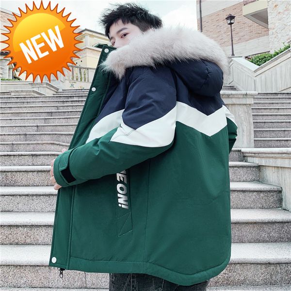 

men's autumn winter new parker down coats outwear parkas casual fur collar hooded jackets thick warm cotton-padded clothing, Black