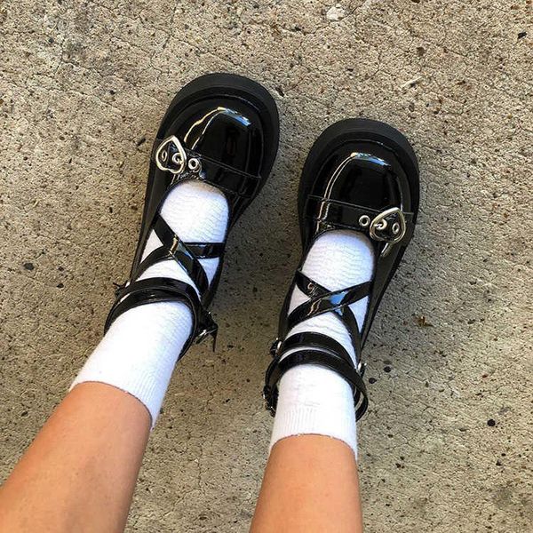 

dress shoes 2021 women loli sweet lolita platform round head thick heel cross bandage cosplay mary jane, Black