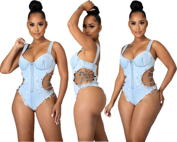 

women's tracksuits 2021 quality fashion design women jumpsuit denim low cut sling hollow out, Gray