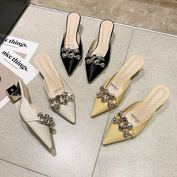 

slippers shoes rivet womens outdoor cover toe slides pantofle fashion heeled mules med square heel low 2021 luxury high block, Black