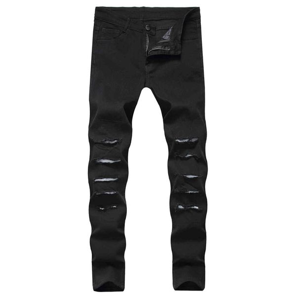 

mens streetwear elastic ripped skinny black jeans hole reflective slim fit denim pants elastic male fashion style trousers, Blue