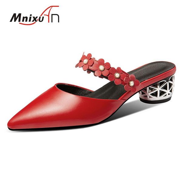 

slippers chunky heels shoes woman sandals medium heel ladies mules 2021 summer autumn pointed toe genuine leather flower red, Black