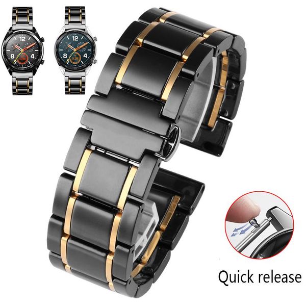

watch bands 20mm 22mm luxury ceramic and stainless steel black white strap for samsung s2 3 4 huawei gt bracelet wristband belt, Black;brown