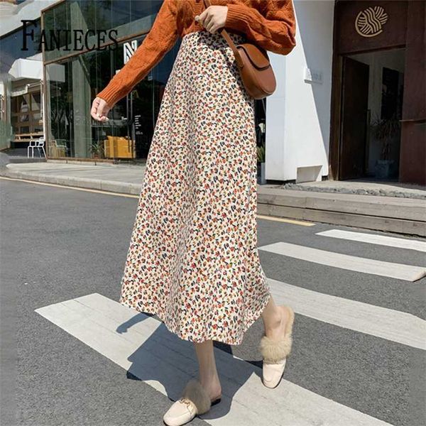 

fanieces autumn corduroy a-line midi skirt women floral print boho winter high waist mid-calf skirts jupe faldas vintage 211214, Black