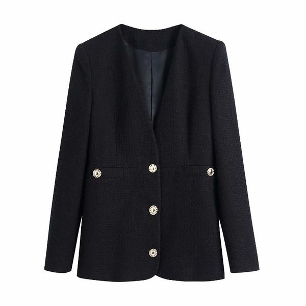 Abiti da donna Blazer Donna Blazer vintage in tweed nero Giacca femminile elegante a maniche lunghe da donna