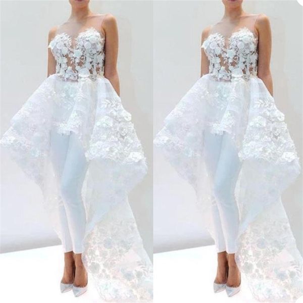 Eine Linie Weiße Brautkleider 3D-Applikationen Brautkleid Sheer Neck Maßgeschneiderte Hosen Elegantes Vestido de Novia