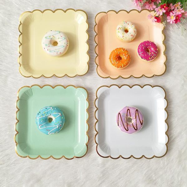 

disposable dinnerware 8pcs candy color tableware square gold foil paper plates birthday party supplies wedding christmas decorate