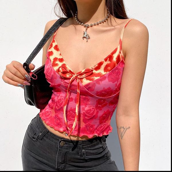 

butterfly rose bow womens tank short floral bandage fashion cropped ruched v neck wave cut, White