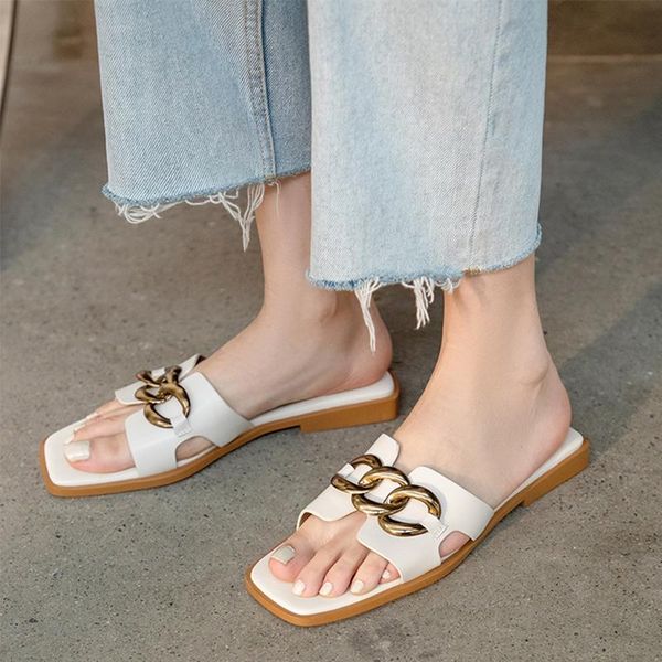 

slippers fashion brand gold metal chain genuine leather flat heels casual slide summer outdoor beach sandals ladies flip flops, Black