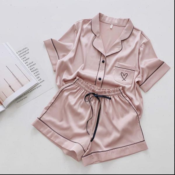 

silk pajamas heart embroidered pyjamas women sleepwear pj home suit satin nightwear set pijama verano mujer, Black;red