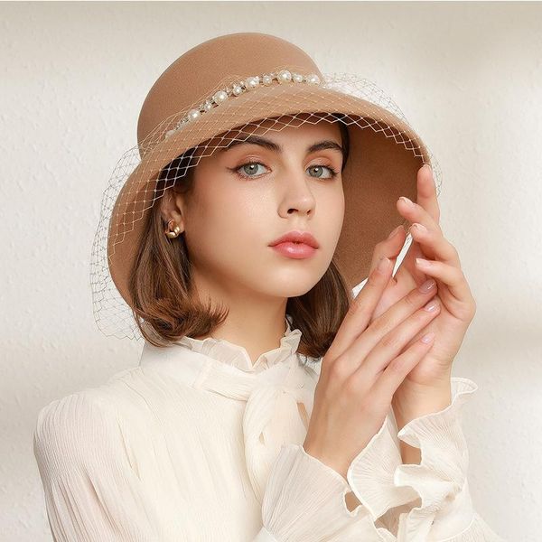 

stingy brim hats europe, america, autumn and winter, england, retro temperament banquet wool felt hat, pearl lace hat, Blue;gray