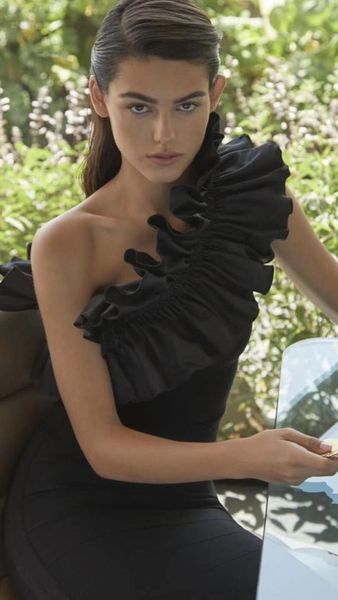 

summer fashion frilly female black shoulder bandage elegant night party dress, Black;gray