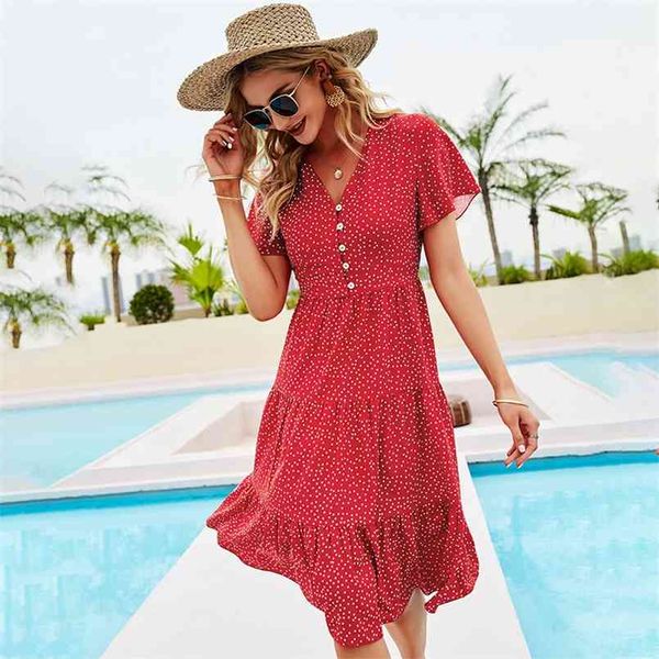 MIDI Mulheres Praia Vestido Verão Imprimir Polka Dot Bolo Dress Sexy V Neck Boho Beach Ruffle Manga Curta Uma Linha Sun 210508