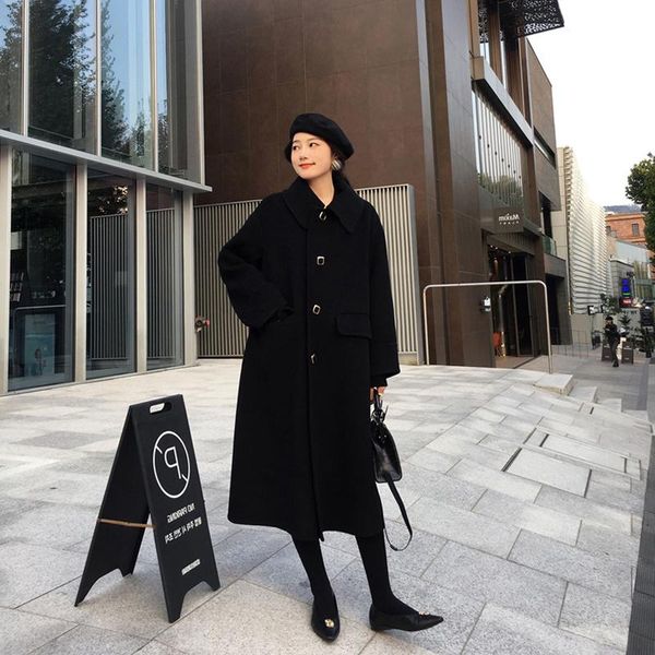 

women's wool & blends mid-length korean style fall/winter slim pure color slimming, Black