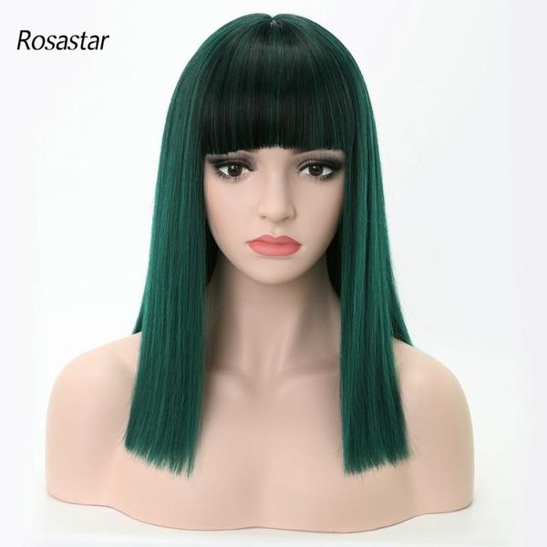 

synthetic wigs rosa star straight dark green 20inches with bangs high temperatural fiber natural daily cosplay party wig, Black