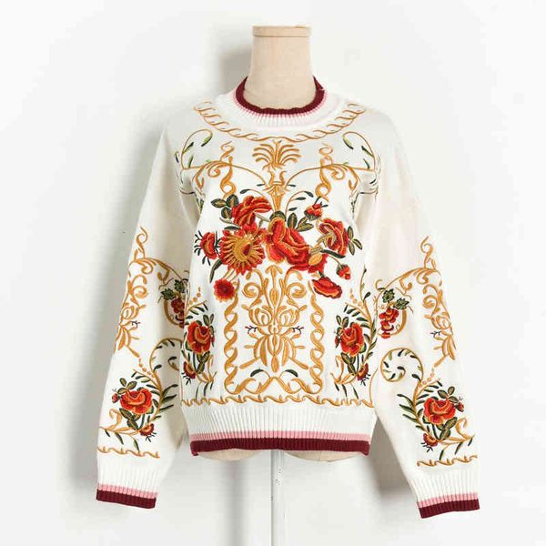 

tees O-Neck Long Knitted Embroidery Women Sweater Autumn Pullovers Tricot Pull Femme, White