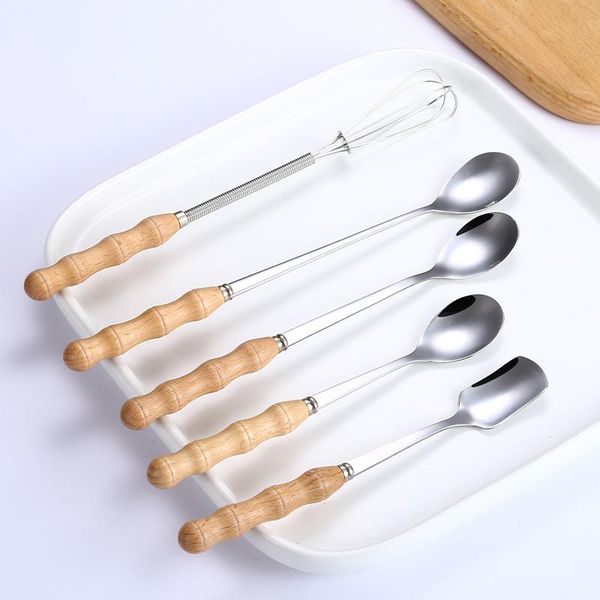 

wooden handle spoon sets stainless steel table set eco-friendly tableware tea dessert stir ice cream scoops spoons