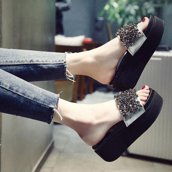 

silver glitter slip on shoes summer beach sandals women platform ladies wedges thick high heels muffin slides 2021, Black