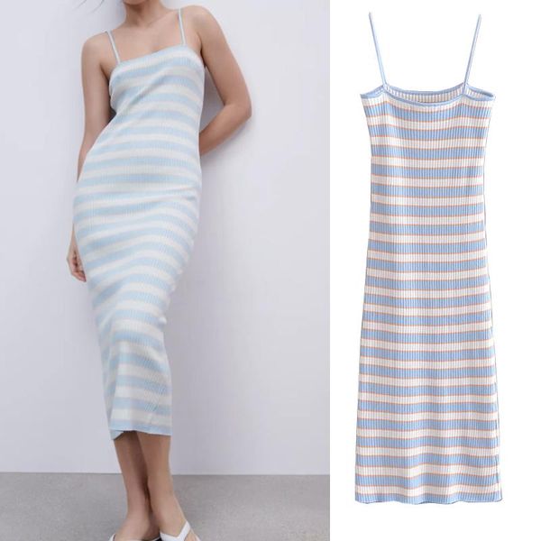 

casual dresses 2021 spring summer fashion women stripe print knitting sling midi dress party waist slim camisole, Black;gray