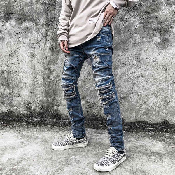 

beggars hole jeans men's high street trendy punk rock wash wear slim legged pants, Black
