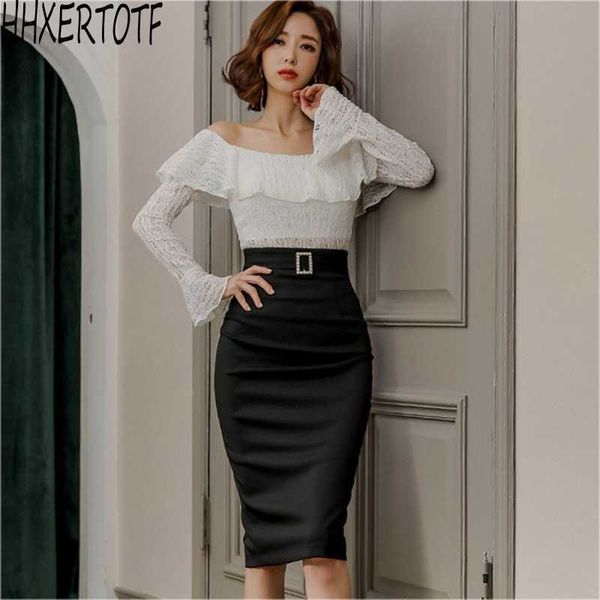 

spring fashion elegant women 2 pieces set slash neck lace shirts blouses +high waist sheath pencil bodycon skirts sets 210531, White