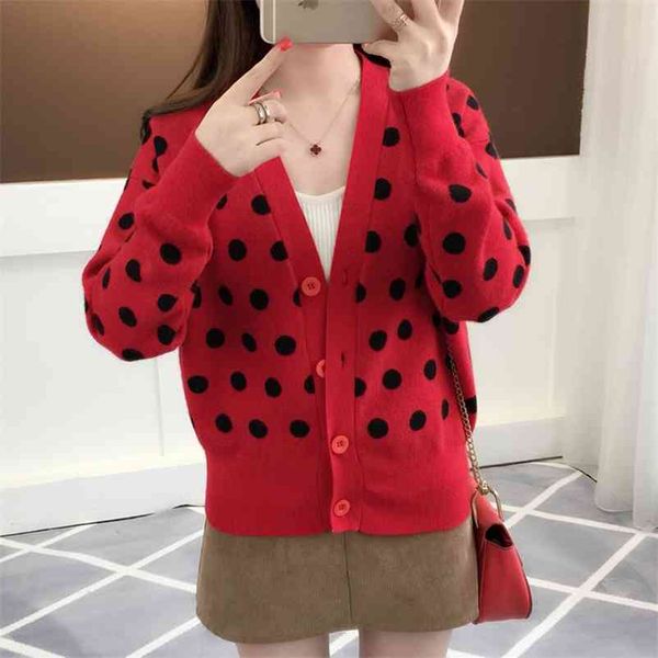 

polka dots knitted cardigans for women casual slim stretch button knitwear preppy style v-neck coat korean female 210522, White