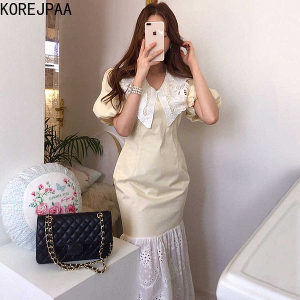 

korejpaa women dress summer korea chic female elegant temperament lace lapels receiving waist puff sleeve fishtail vestidos 210526, Black;gray