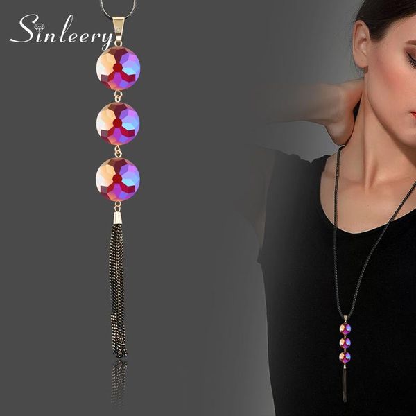 

pendant necklaces sinleery vintage flat round rhinestone ball long tassel necklace for women black chain statement jewelry my384 ssb, Silver