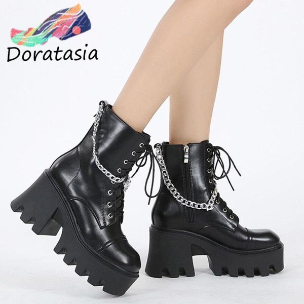 

boots doratasia size 35 43 women shoes solid chain high heel motorcycle zipper platform casual cool fashion, Black