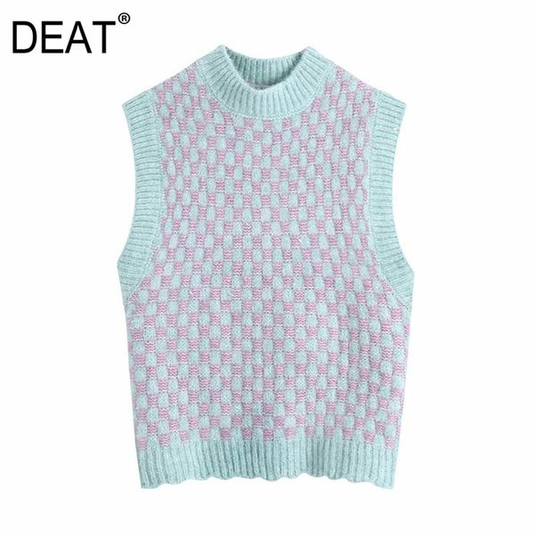 

[deat] women loose fit vintage sleeveless round neck lattice pullovers knitting vest sweater autumn spring 13c383 210527, Black;white
