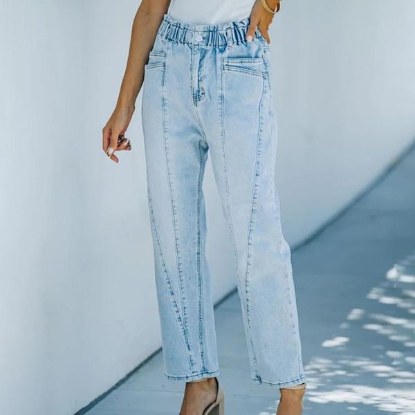 

women's jeans women fashion high waist casual elastic denim baggy streetwear wide leg pants, Blue