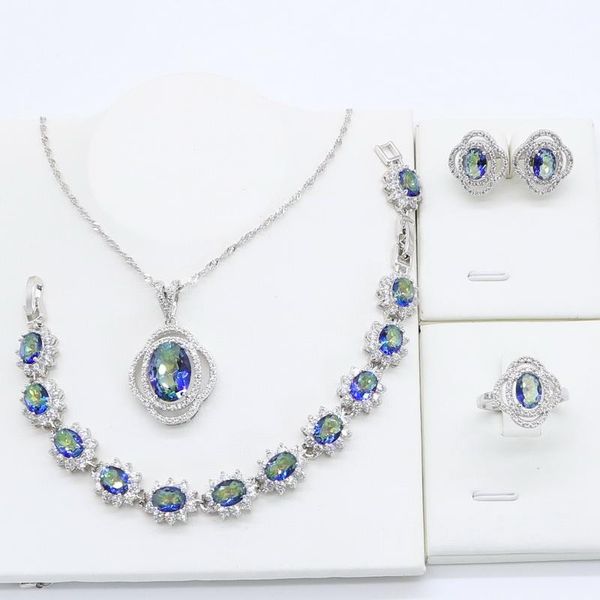 

wedding jewelry sets rainbow blue semi-precious 925 silver for women bracelet necklace pendant ring stud earrings birthday gift, Slivery;golden