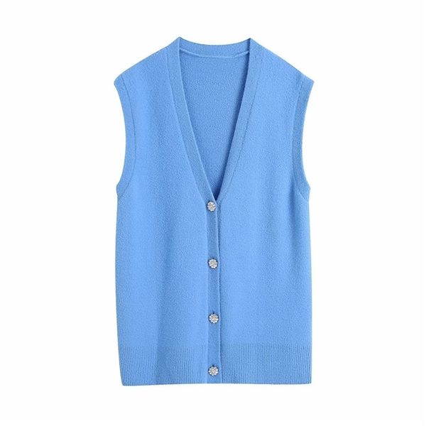 Streetwear Mulheres Blue Sweater Vest Fashion Senhoras V-Neck Tanques Femininos Causal Chique Diamdons Botão Cardigans 210527