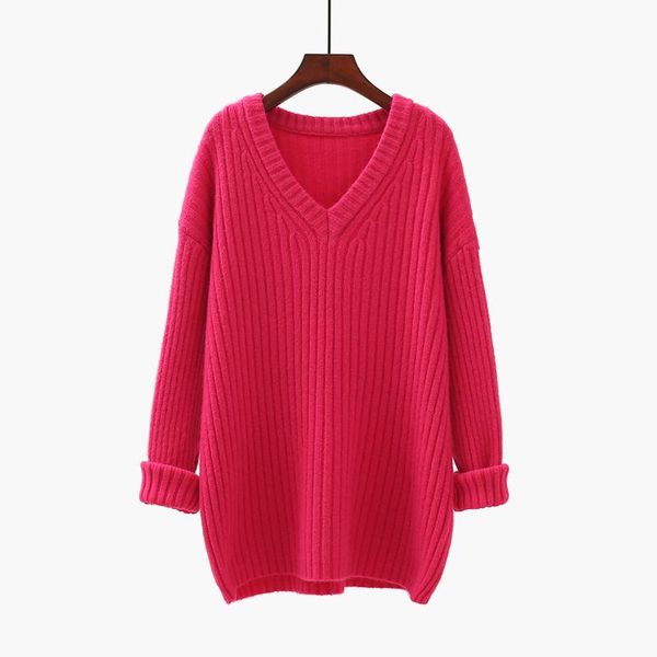 

women's sweaters knitted solid women sweater and pullovers v-neck pink loose casual all match females pulls outwears, White;black