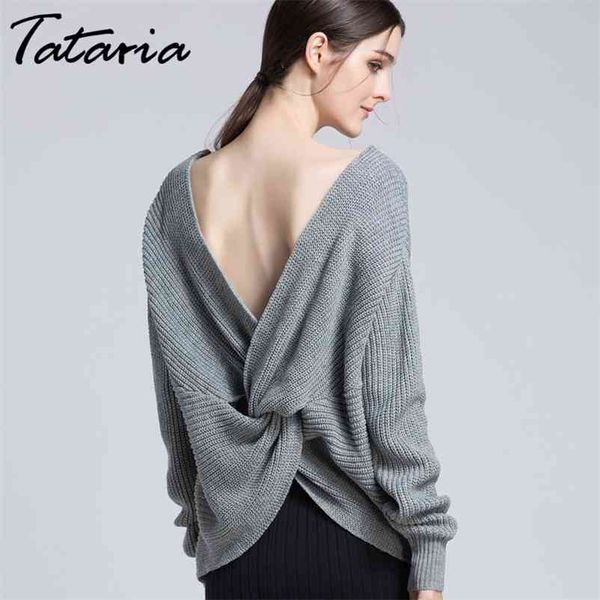 1Sexy Pullover Frauen Frühling Zurück Öffnen Gestrickte Vorne Twist V-ausschnitt Pullover Weibliche Pull Femme Hiver Frau 210514