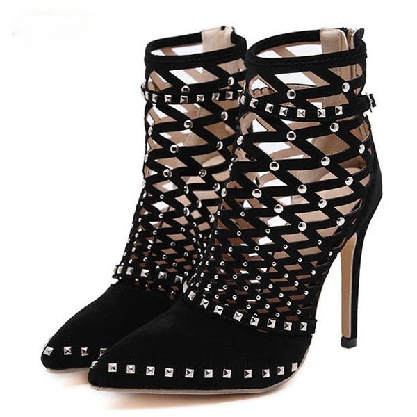 

women shoes cross-tied rivet sandals ankle -wrap zip pumps summer size 35-40, Black