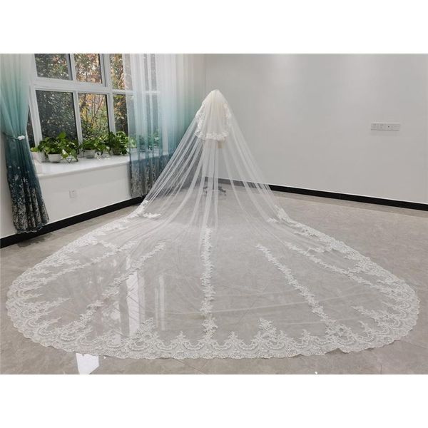 

bridal veils 5 metres ivory wedding veil lace edge appliques cathedral long accessories white tulle with comb cover face velos, Black