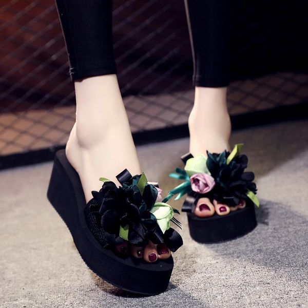 

3/6cm heels women 2021 summer shoes sandals flower slipper wedge fashion comfy ladies slippers and, Black