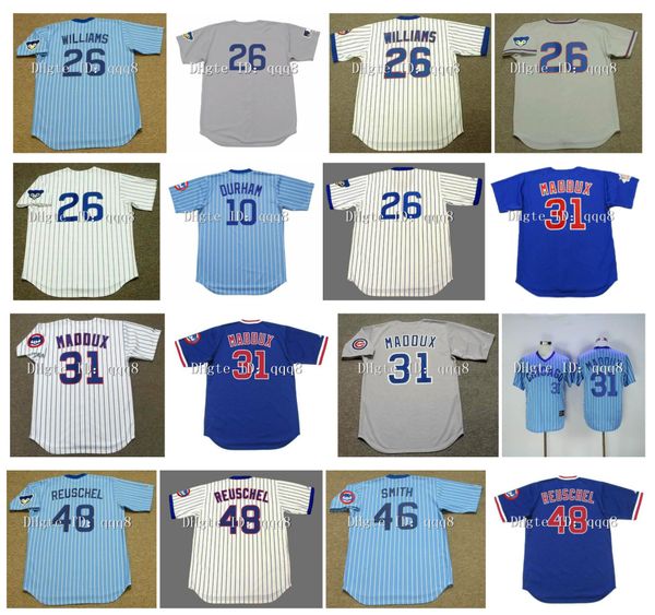 

retro 26 billy williams jersey 10 leon durham greg 31 maddux 42 bruce sutter 48 rick reuschel 46 lee smith vintage baseball jerseys, Blue;black