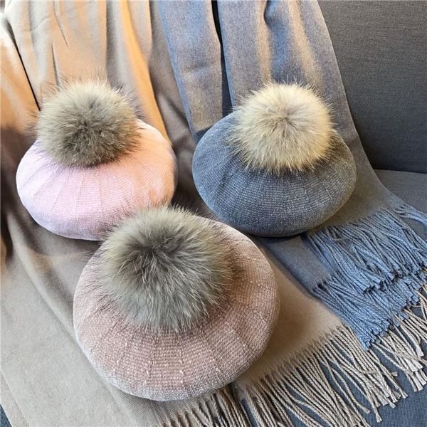 

berets gz001 winte women wool knitted beret natural raccoon fur pompom hat solid cap pom casquette, Blue;gray