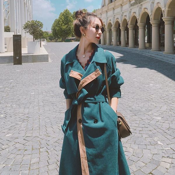 

women's trench coats fashion patchwork green elegant office lady long women coat windbreaker 009, Tan;black