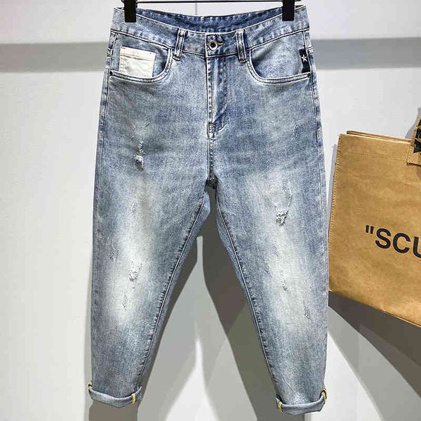 

jeans men's spring autumn trendy light blue stretch skinny nine-point hole distressed vintage washed casual