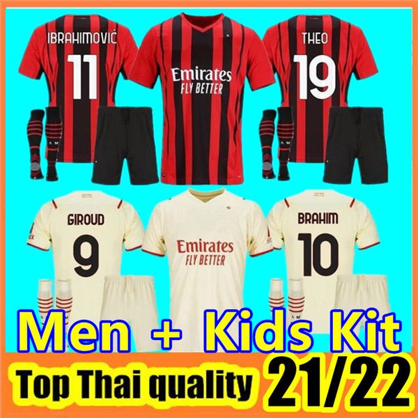

thailand 21 22 ac soccer milan ibrahimovic jerseys 2021 tonali mandzukic kessie brahim bennacer theo rebic leao men kid sets socks football, Black;yellow