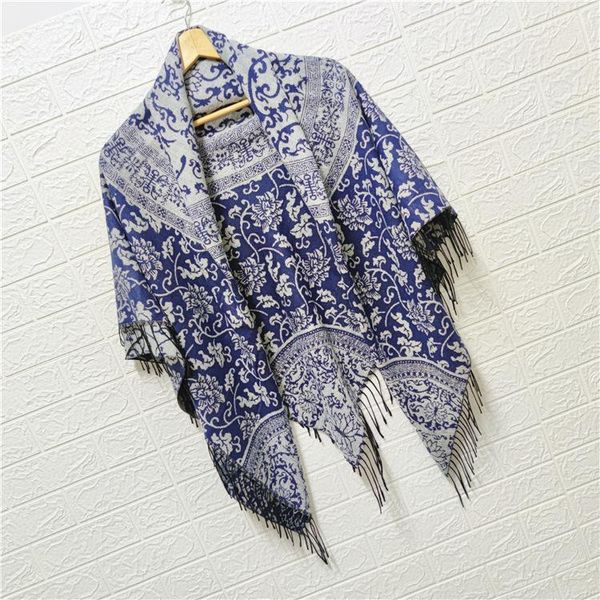 

scarves ethnic style oversize lady scarf winter keep warm neckerchief tassels cashmere material women muffler diadema, Blue;gray