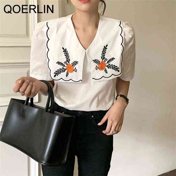 

big turn-down collar white basic shirts summer women chic blouse femme gentle office lady spring 210601
