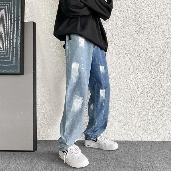 

men's jeans men high street casual harajuku paint splattered straight-leg denim pants korean simplicity baggy trousers couples -5xl, Blue